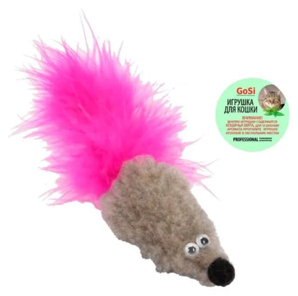 Игрушка GoSi "Мышь с мятой и хвостом перо" для кошек, Серая
