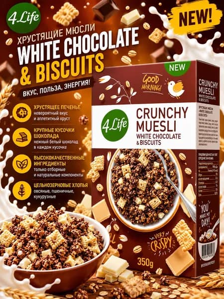 Мюсли 4LIFE хрустящие WHITE CHOCOLATE & BISCUITS с шоколадом и печеньем 350гр