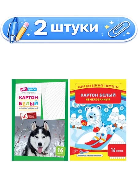 2уп. Картон белый 16 листов А4 немелованный, в папке Нкн16б_6962