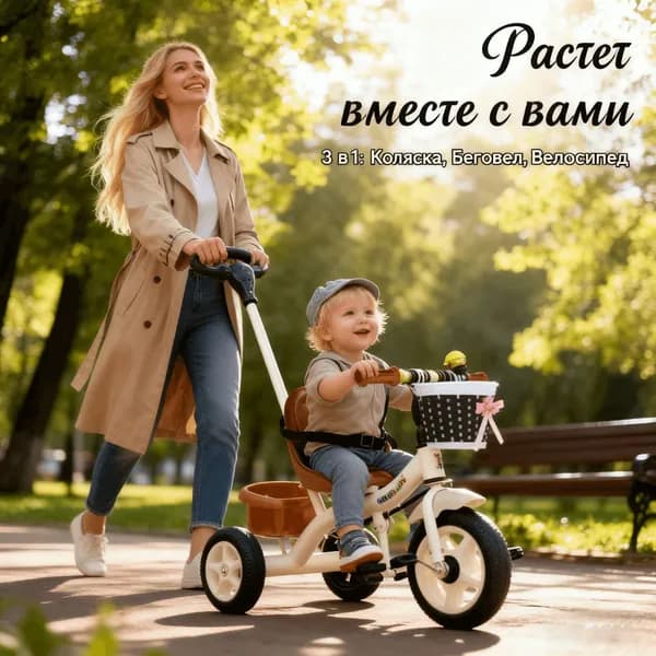 Детский трехколесный велосипед с родительской ручкой трансформер 3 в 1, велосипед-коляска для малышей от 1 года до 5 лет с козырьком, багажником и тормозом