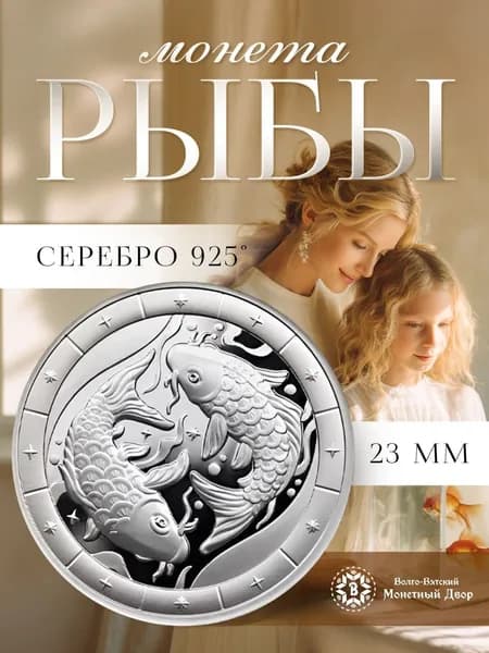 Монета знак зодиака Рыбы серебро 925 пробы талисман, подарочная, универсальный подарок мужчине и женщине, Россия, в футляре, с сертификатом