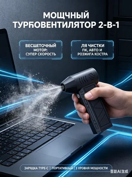Воздуходувка аккумуляторная мощная 2 в 1 / Ветродуйка аккумуляторная / Воздуходувка для компьютера