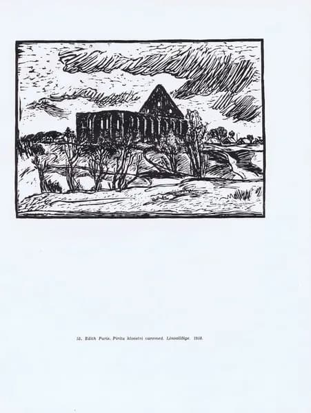Эстония. Таллин (Таллинн). Развалины монастыря в Пирита. Эдит Парис. Антикварная цинкография. СССР, 1959 г.