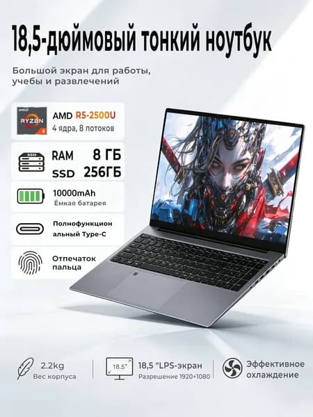 Игровой ноутбук 18.5", AMD Ryzen 5 2500U, RAM 8 ГБ, SSD 256 ГБ, AMD Radeon, Windows Pro, светло-серый, Русская раскладка