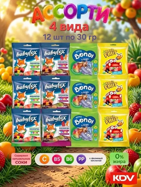 Мармелад жевательный BabyFox Ассорти 12 шт по 30 гр KDV
