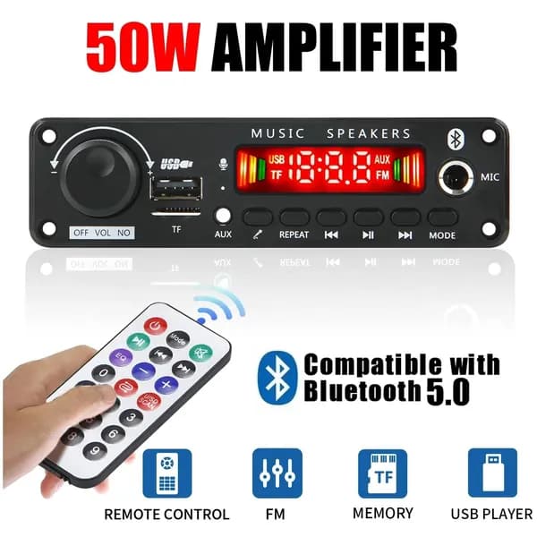 Усилитель мощности звука с Bluetooth 2X25W / Декодер, плата Bluetooth, AUX, USB, TF, FM 6-16V В для автомобиля и домашних стерео систем / JX-Y18