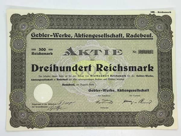 Акция Германия. Заводы Геблера, 300 Рейхсмарок 1929 №72