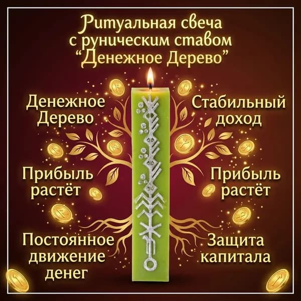 Ритуальная свеча с руническим ставом Денежное Дерево мощный инструмент для привлечения прибыли, роста дохода и удержания финансовой планки.
