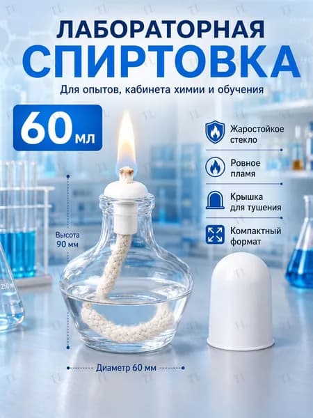 Спиртовка стеклянная лабораторная 60ml содержащая лампу, фитиль, пластиковая крышка лампы