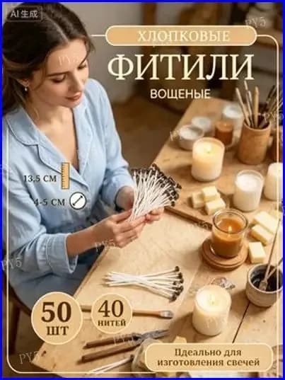 Фитиль хлопковый вощеный для свечей белый с фитиледержателем, 40 нитей, 50 шт