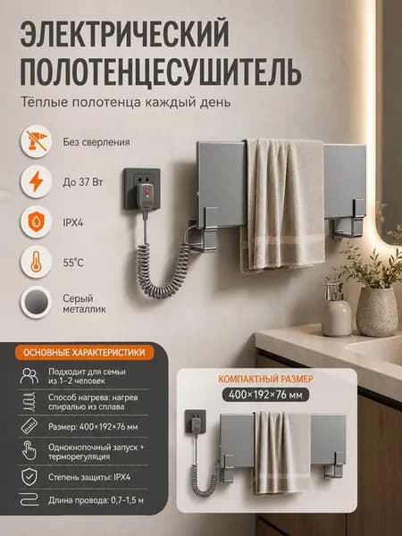 Новая модель электрогреятеля для полотенец, который можно установить слева или справа от розетки