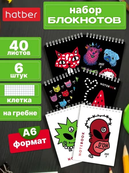 Набор блокнотов 6 штук/6 дизайнов 40 листов, формата А6, в клетку, на гребне-Лазер Би-