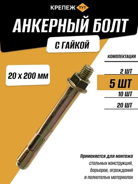 Анкерный болт с гайкой 20х200мм, 5 шт