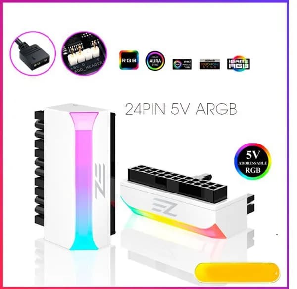 угловой переходник ATX 24 pin для материнской платы угол 90 градусов с ARGB подсветкой 5v3pin белый