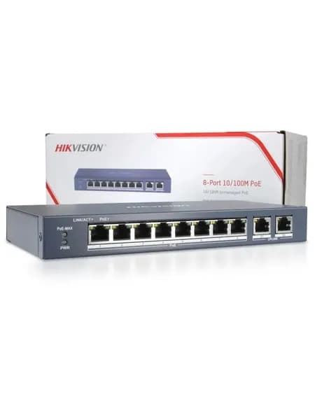 Коммутатор PoE HIKVISION DS-3E0310P-E/M 8 RJ45, с грозозащитой 6кВ, 2 Uplink порт 1000М Ethernet,бюджет PoE 60Вт, поддерживают режим передачи до 300 м,48 VDC, 1.35 A