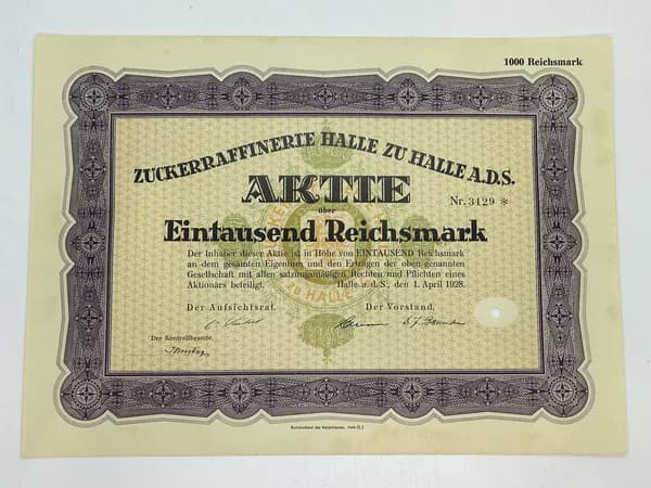 Акция Германия. Сахарный завод в Галле, 1000 Рейхсмарок 1928 №81
