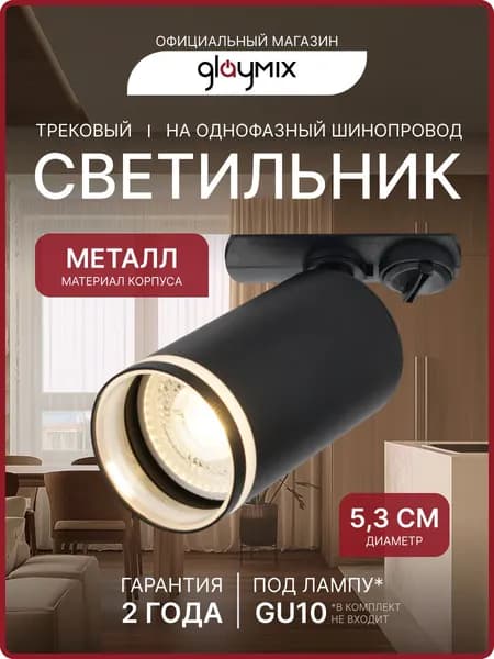 Трековый светильник на шинопровод однофазный / Спот под лампу GU10 потолочный, настенный, поворотный / Черный