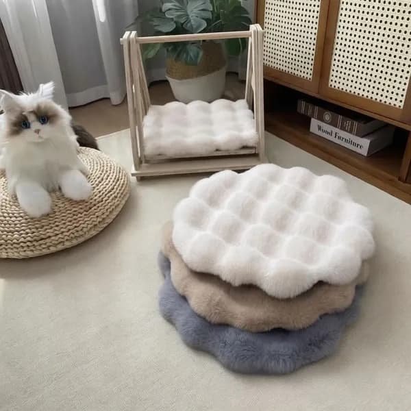 Мягкий круглый лежак для кошек и собак из искусственного кролика, утепленная подстилка для сна, уютная кровать-подушка для питомцев на осень и зиму