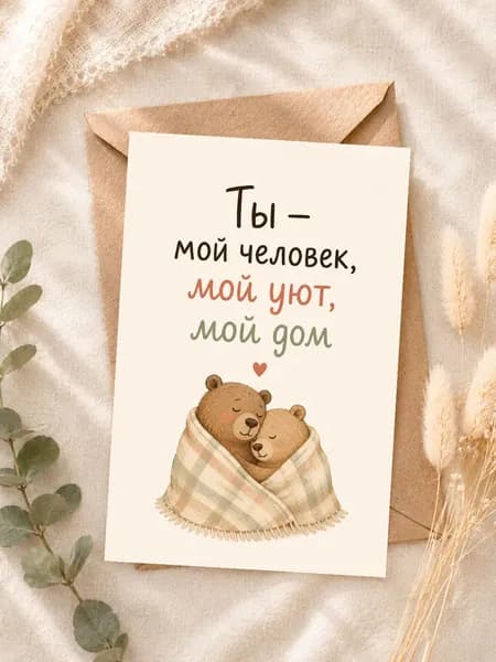 Открытка "Ты мой человек, мой уют, мой дом" с мишками, A6 10х15 см с крафт-конвертом