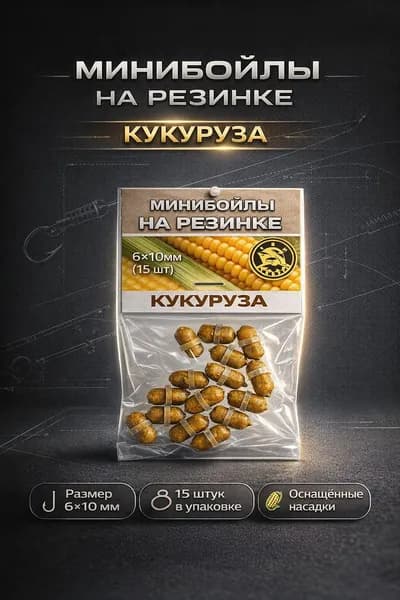 Минибойлы на резинке, 6*10 мм, Кукуруза, 15 шт - бойлы на карпа, карася, леща, насадка для донной ловли