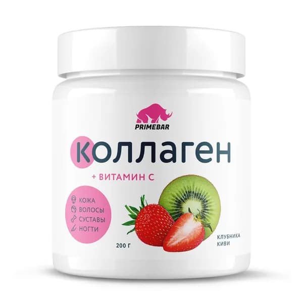 PRIMEBAR Коллаген говяжий 1 и 3 типа с гиалуроновой кислотой и Витамином С (клубника-киви), порошок 200 г (33 порции)