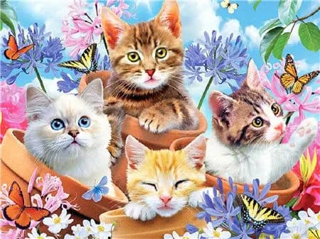 Алмазная мозаика со стразами Котята с бабочками/Выкладка полная/Размер холста 50х65 см/Размер картинки 45х60