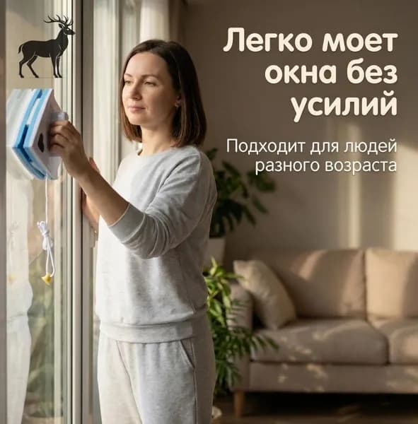 Магнитная щетка для мытья окон с двух сторон; Губка на магните для лоджий, балконов/ Стеклоочиститель