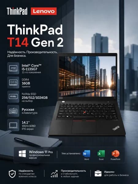 Lenovo ThinkPad T14-Gen2 Ноутбук 14", Intel Core i5-1135G7, RAM 16 ГБ, SSD 256 ГБ, Intel Iris Xe Graphics, Windows Pro, (ноутбук для работы,ноутбук для учебы,Ноутбуки Lenovo,Ноутбуки Thinkpad,Ноутбуки ThinkBook), черный матовый, Русская раскладка