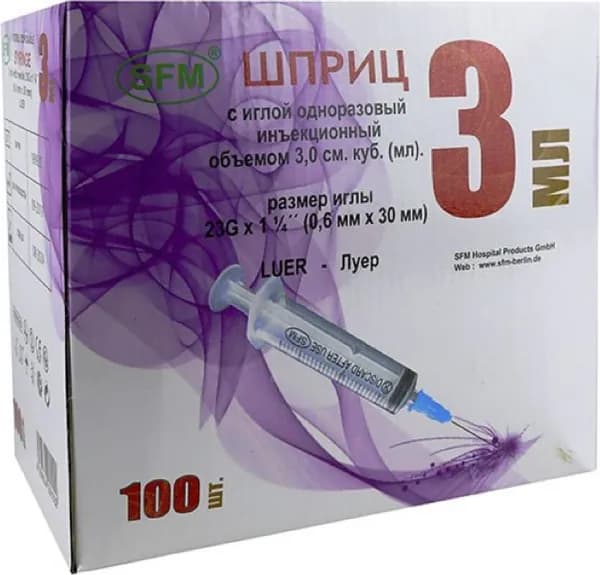 SFM Hospital Products / СФМ Госпиталь продукт Шприц медицинский одноразовый стерильный трехкомпонентный с иглой 23G 0.6х30мм 3мл, 100шт. / медицинское изделие