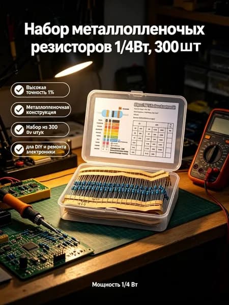 Металлический резистор 1/4 Вт, точность 1 %, сопротивление от 10 Ом до 1 МОм, комплект из 300 штук в коробке