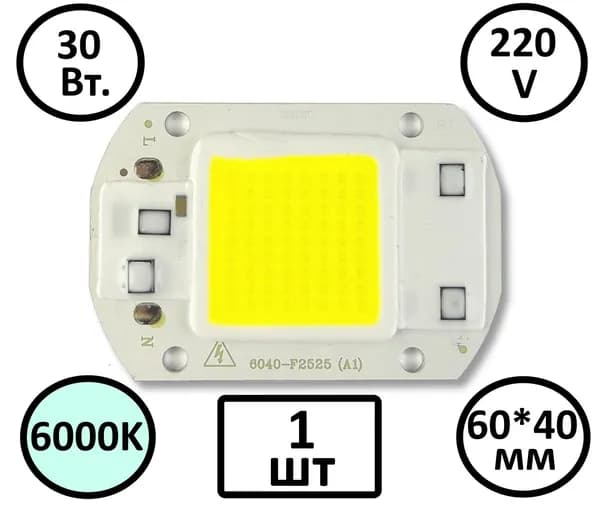 Светодиодная матрица 6040-F2525 30Вт. 2900 лм. COB 6000K 175-265V AC pF0.9 60x40мм. 220V 1шт