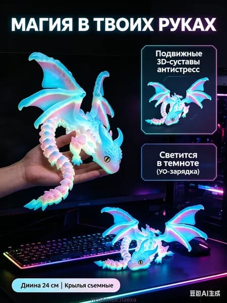 Игрушка-антистресс шарнирная, 3D-печатный дракон 24 см - светящаяся в темноте фигурка с подвижными крыльями, для детей / подростков / декора стола