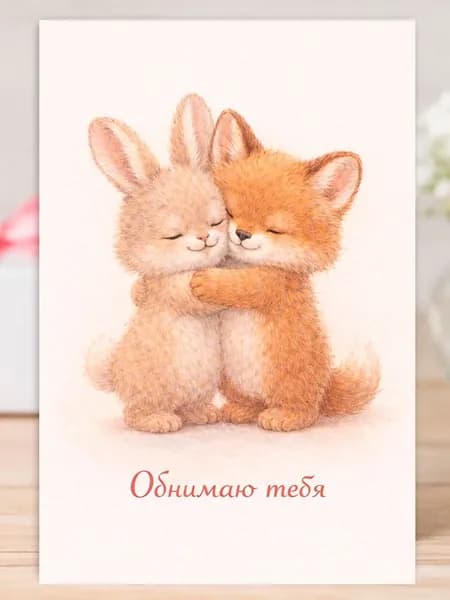Открытка "Обнимаю тебя", акварельная с зайчиком и лисенком, с конвертом, 10x15 MiloCards