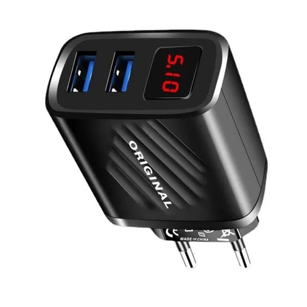 Умное зарядное устройство с двумя USB-портами и LED-экраном, Черный