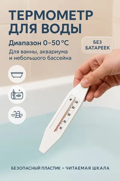Термометр для воды 0-50 С пластиковый корпус, без батареек, для ванны, аквариума и бассейна