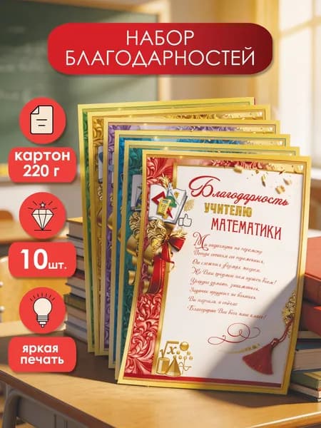 Набор поздравительных благодарностей учителям-предметникам, 10 видов по 1 шт.