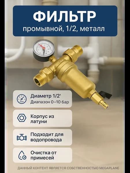 Промывной фильтр для воды 1 2 с манометром латунный