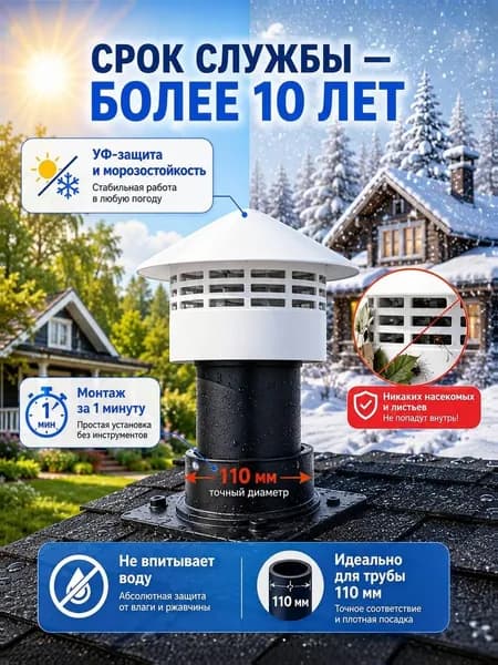 Грибок на трубу 110, белый вентиляционный зонт, используемый для защиты вытяжных систем и воздуховодов на крыше.