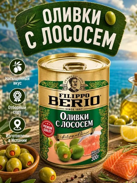 Оливки без косточек фаршированные с лососем 300г Filippo Berio