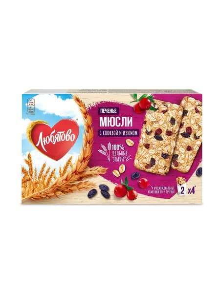 Печенье злаковое Любятово Мюсли, с клюквой и изюмом, 120 г