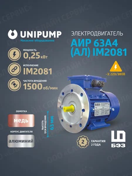 Электродвигатель АИР 63A4 (Алюминий) IM2081 (0,25 кВт/1500 об/мин), корпус алюминий