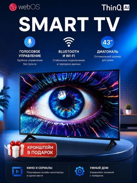 Телевизор ThinQ AL Smart TV - Безрамочный экран - ДУ Аэромышь - с голосовым управлением 43" Full HD, черный 43″ Full HD, черный