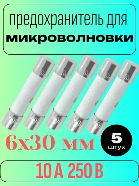 Предохранитель керамический для микроволновой печи 10 А 250 В, размер 6x30 мм (ВП3Б-1), 5 шт