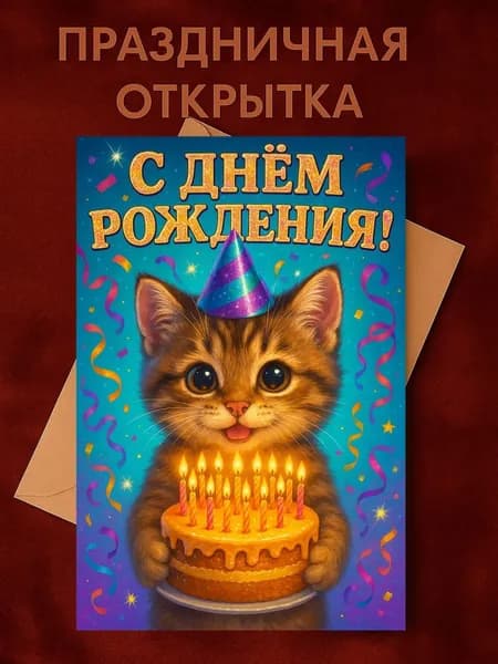 Открытка "С Днём рождения! 1шт. Размер 10х15 в комплекте крафтовый конверт