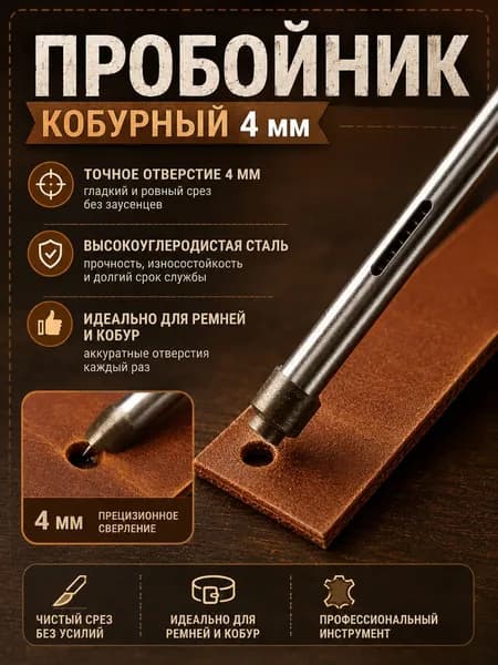 Пробойник для кожи кобурный 4 мм, профессиональный инструмент для создания отверстий в ремнях и кобурах - стальной вырубной штамп для рукоделия.