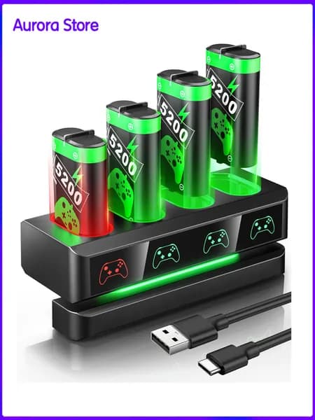 4 аккумулятора + зарядная база для Xbox One/Series X/S , 5200 mWh , Комплект для геймпада , Быстрая зарядка ,Чёрные
