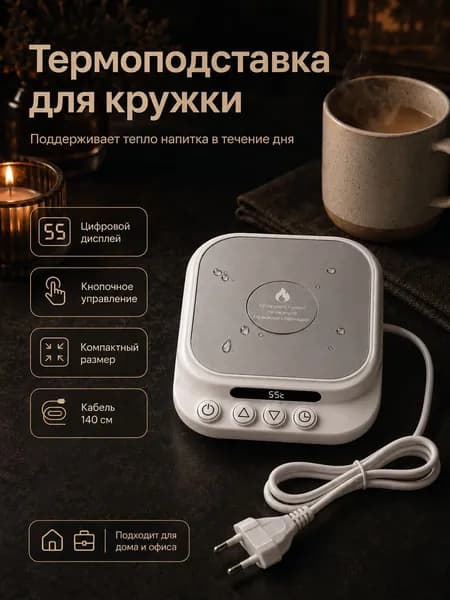 Подогреватель для кружки (подставка) электрический с дисплеем, 44 Вт, 7 режимов, евровилка