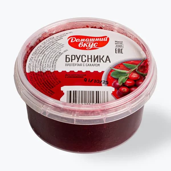 Брусника протертая с сахаром, 200 г, Домашний Вкус