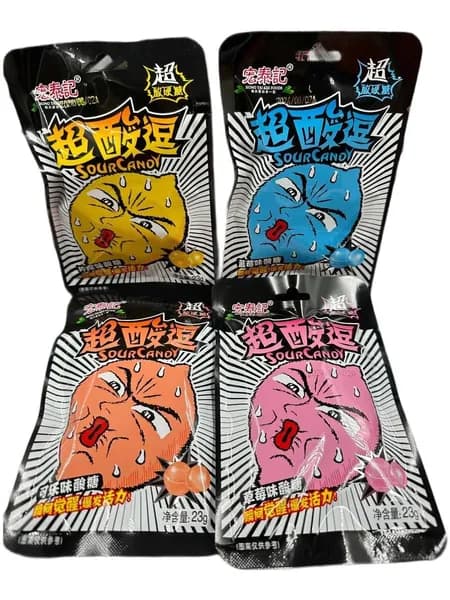 Леденцы кислые Sour Candy набор 4 вкуса (23г клубника + 23г голубика +23г лимон + 23г персик)