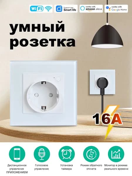 Умная настенная Wi-Fi розетка 16А со стеклянной панелью и мониторингом энергии, белая